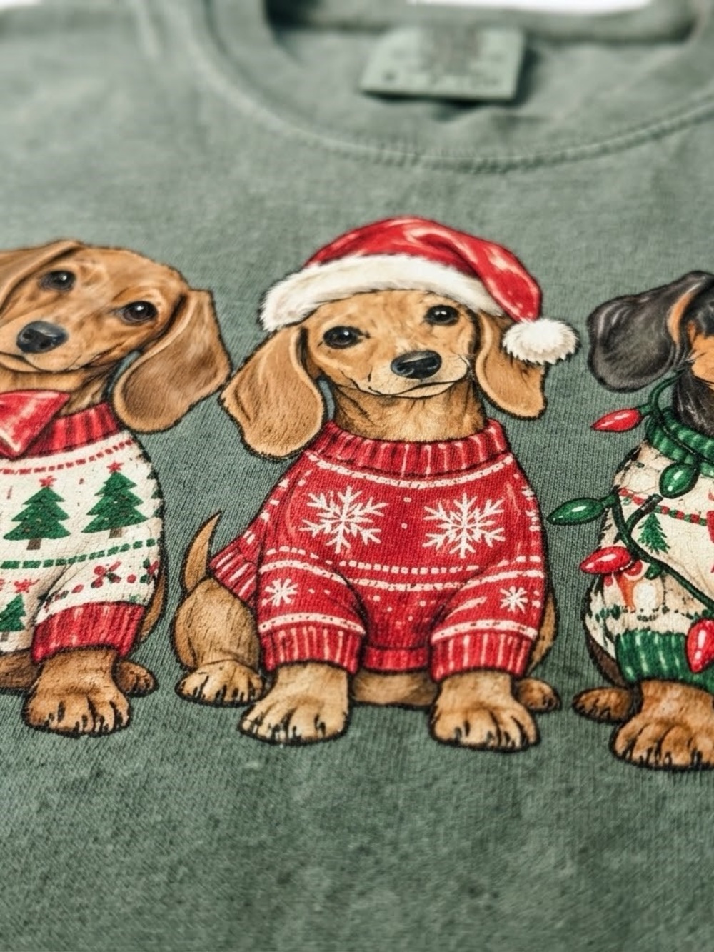 Comfort Colors Moss Green Tee with Festive Dachshund Graphic - Picture 2 of 2